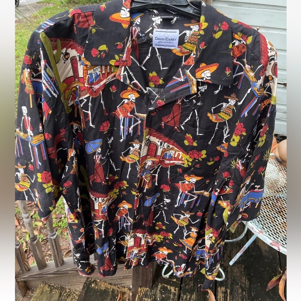 David Carey Day Of The Dead Dia De Los Muertos Hawaiian Shirt Sz 3X Black Red